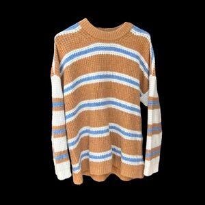 AMERICAN EAGLE CREW NECK WOMEN’S SWEATER SIZE SMALL WAFFLE STRIPE TAN BLUE WHITE